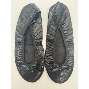 Black Sequin‎ Foldable Ballet Flats Travel Shoes Matching Carrying Pouch Women's